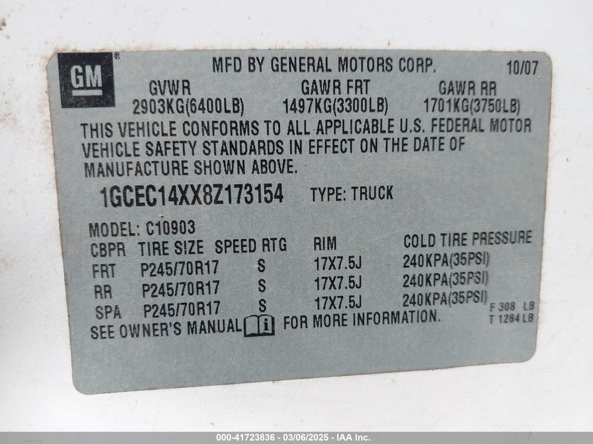 2008 CHEVROLET SILVERADO 1500 VIN: 1GCEC14XX8Z173154
