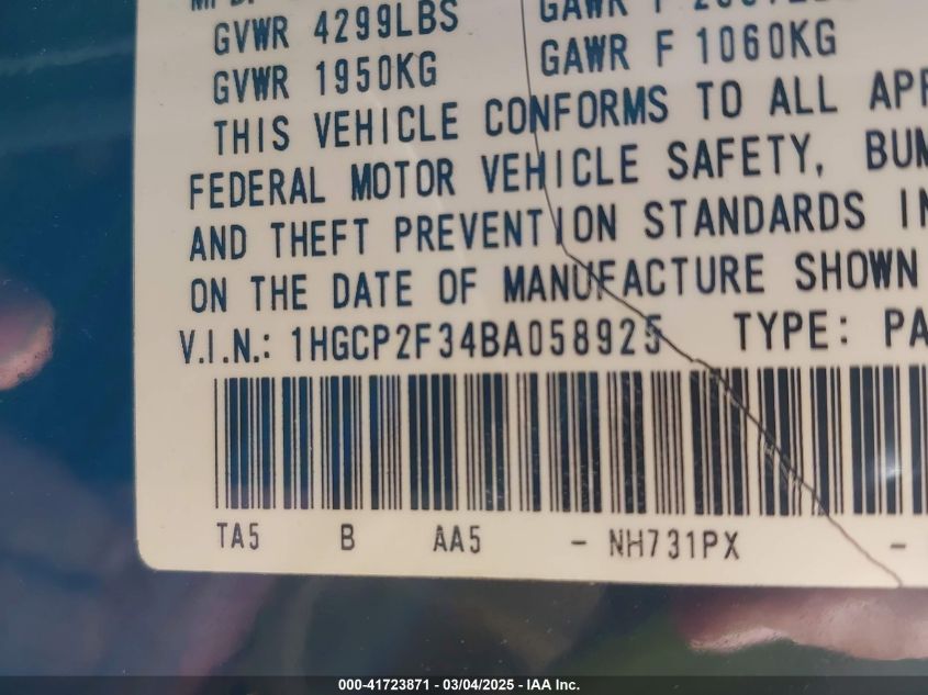 2011 Honda Accord 2.4 Lx VIN: 1HGCP2F34BA058925 Lot: 41723871