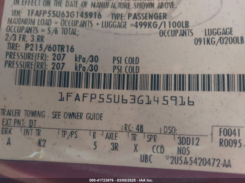 2003 Ford Taurus Ses VIN: 1FAFP55U63G145916 Lot: 41723876