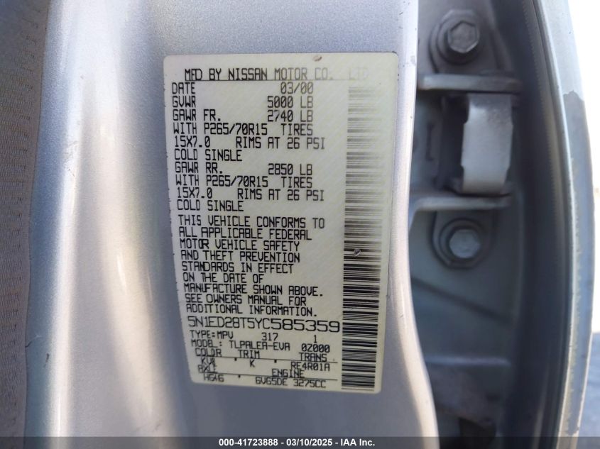 2000 Nissan Xterra Se/Xe VIN: 5N1ED28T5YC585395 Lot: 41723888