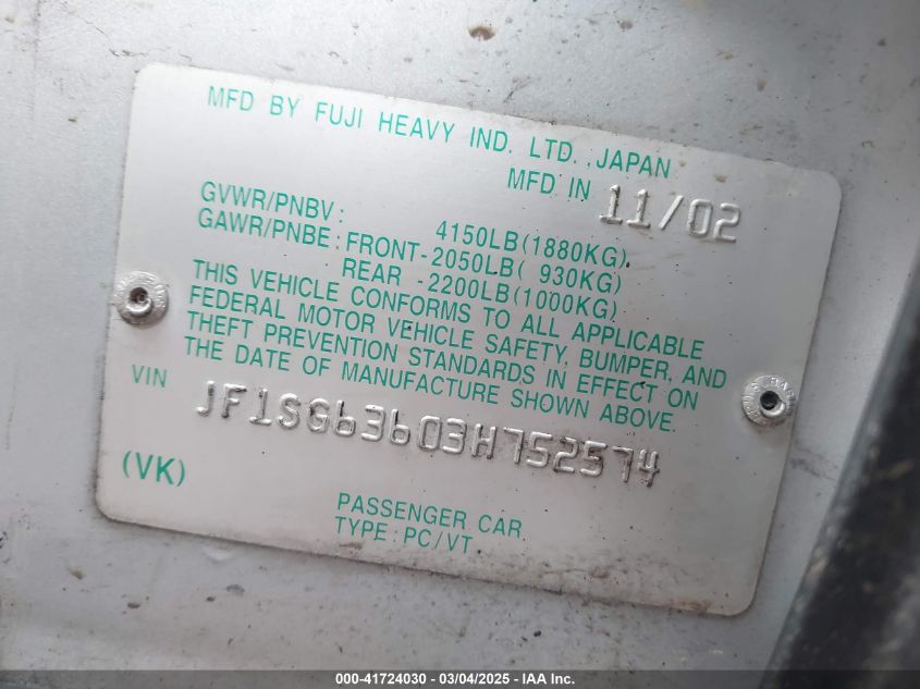 2003 Subaru Forester X VIN: JF1SG63603H752574 Lot: 41724030