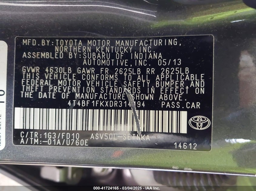2013 TOYOTA CAMRY VIN: 4T4BF1FKXDR314194