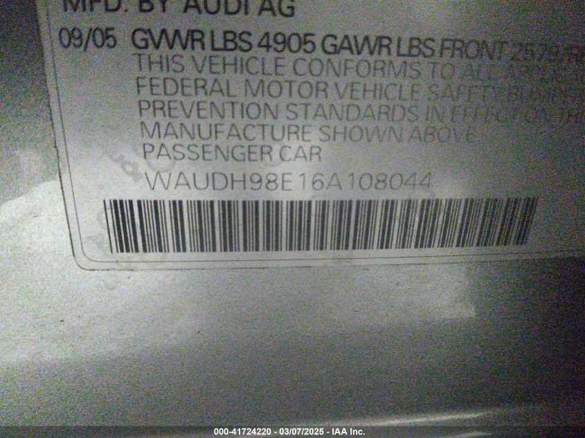 2006 Audi A4 3.2 VIN: WAUDH98E16A108044 Lot: 41724220