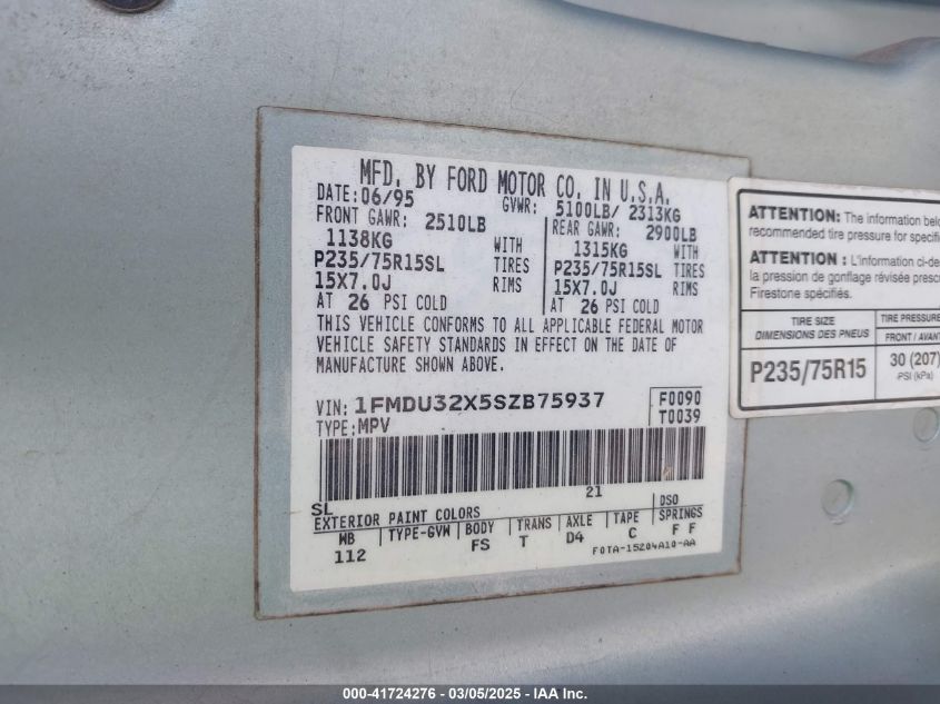 1995 Ford Explorer VIN: 1FMDU32X5SZB75937 Lot: 41724276