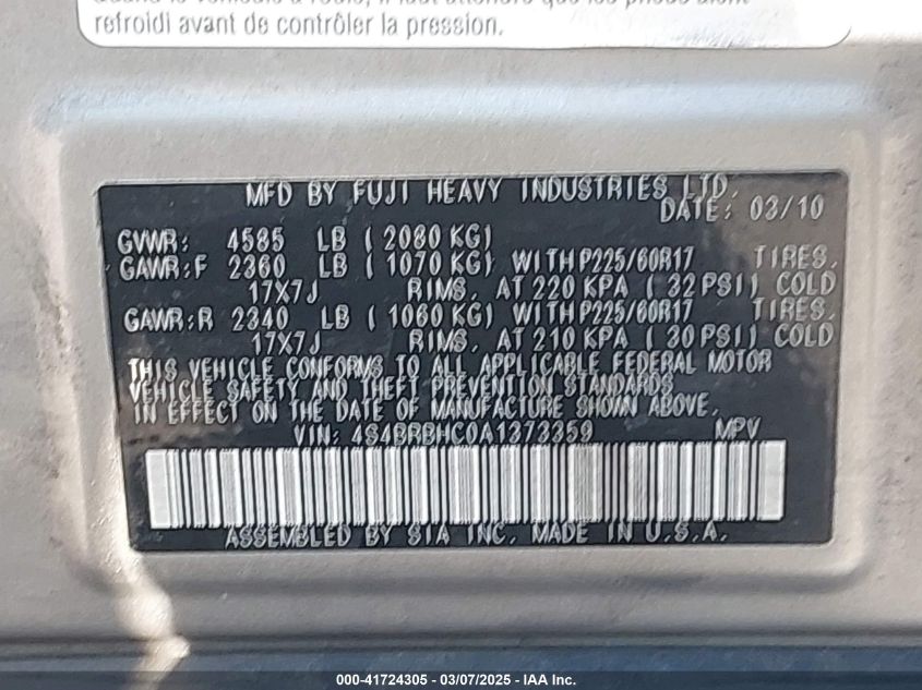 2010 Subaru Outback 2.5I Premium VIN: 4S4BRBHC0A1373359 Lot: 41724305