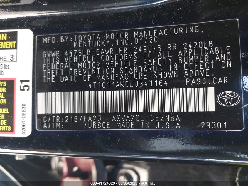 2020 TOYOTA CAMRY VIN: 4T1C11AK0LU341164