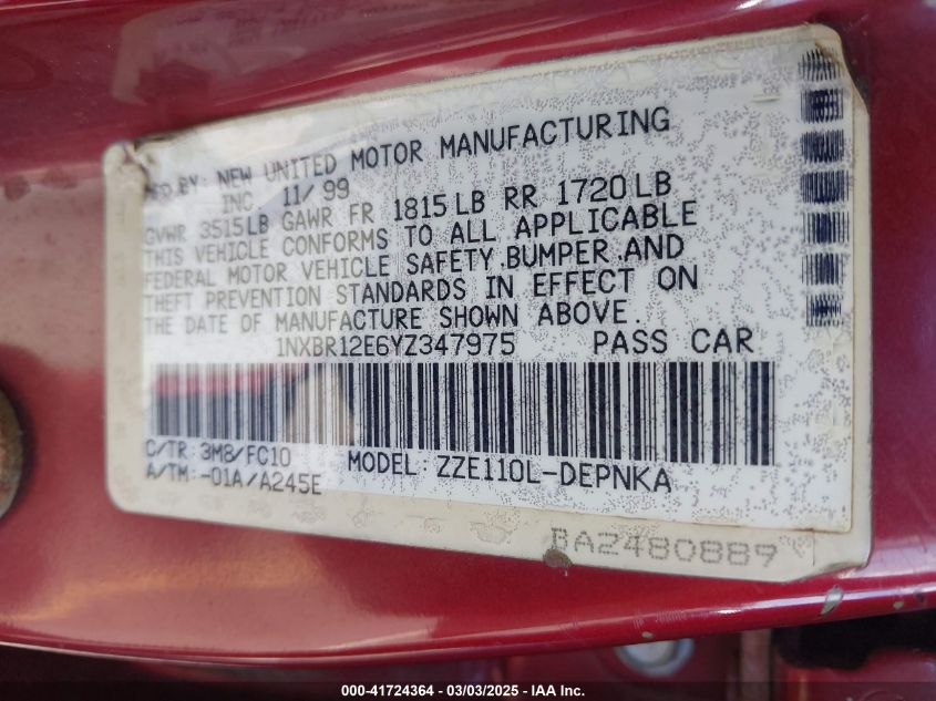 2000 Toyota Corolla Le VIN: 1NXBR12E6YZ347975 Lot: 41724364