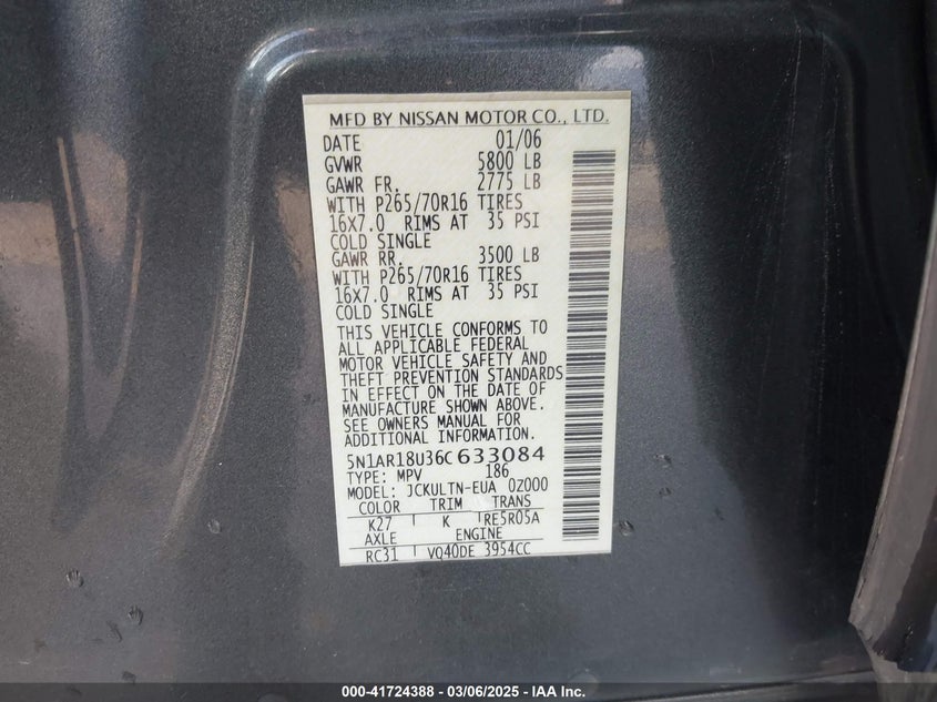 2006 NISSAN PATHFINDER VIN: 5N1AR18U36C633084