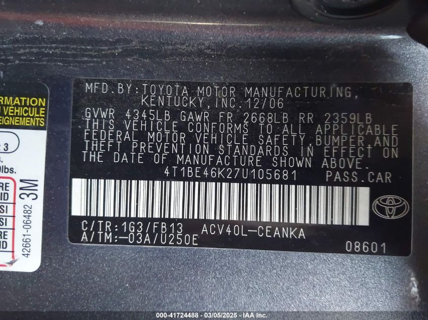 2007 Toyota Camry Le VIN: 4T1BE46K27U105681 Lot: 41724488