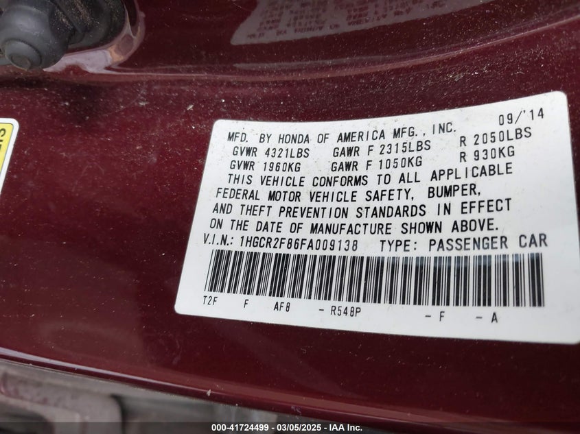 2015 HONDA ACCORD SEDAN VIN: 1HGCR2F86FA009138