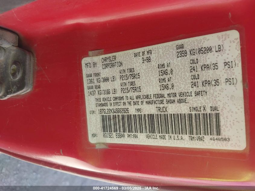 1998 Dodge Dakota Slt/Sport VIN: 1B7GL22X3WS662826 Lot: 41724569