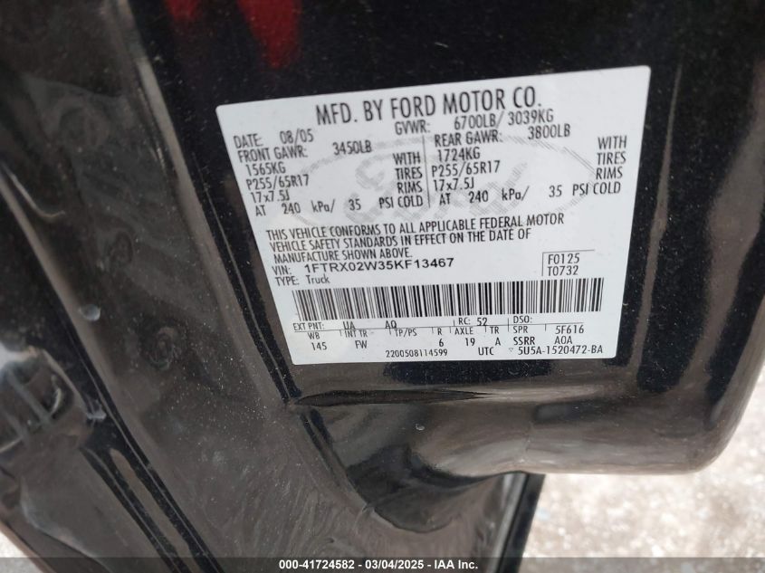 2005 Ford F-150 Stx/Xlt VIN: 1FTRX02W35KF13467 Lot: 41724582