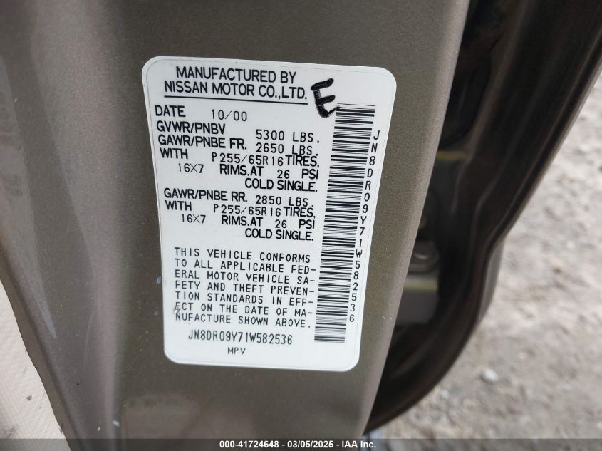 2001 Nissan Pathfinder Le VIN: JN8DR09Y71W582536 Lot: 41724648