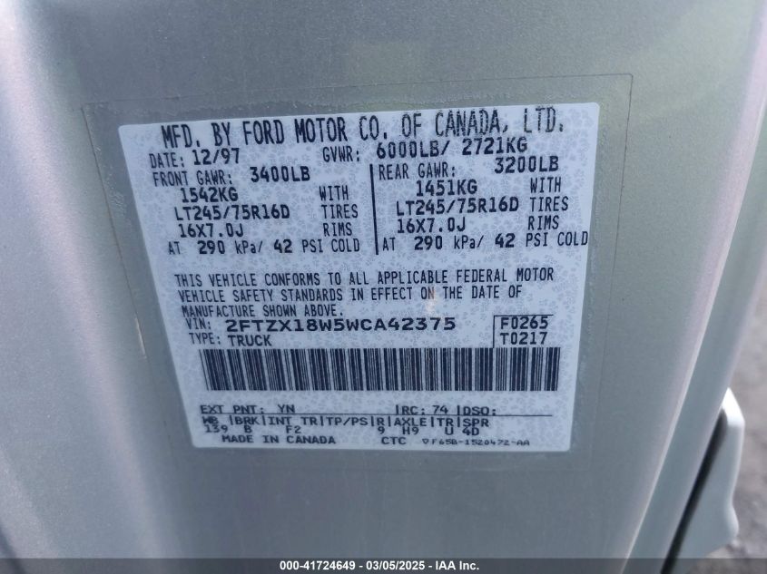 1998 Ford F-150 Lariat/Standard/Xl/Xlt VIN: 2FTZX18W5WCA42375 Lot: 41724649