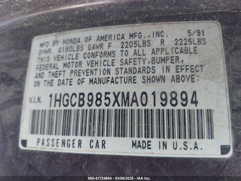 1991 Honda Accord Lx VIN: 1HGCB985XMA019894 Lot: 41724684