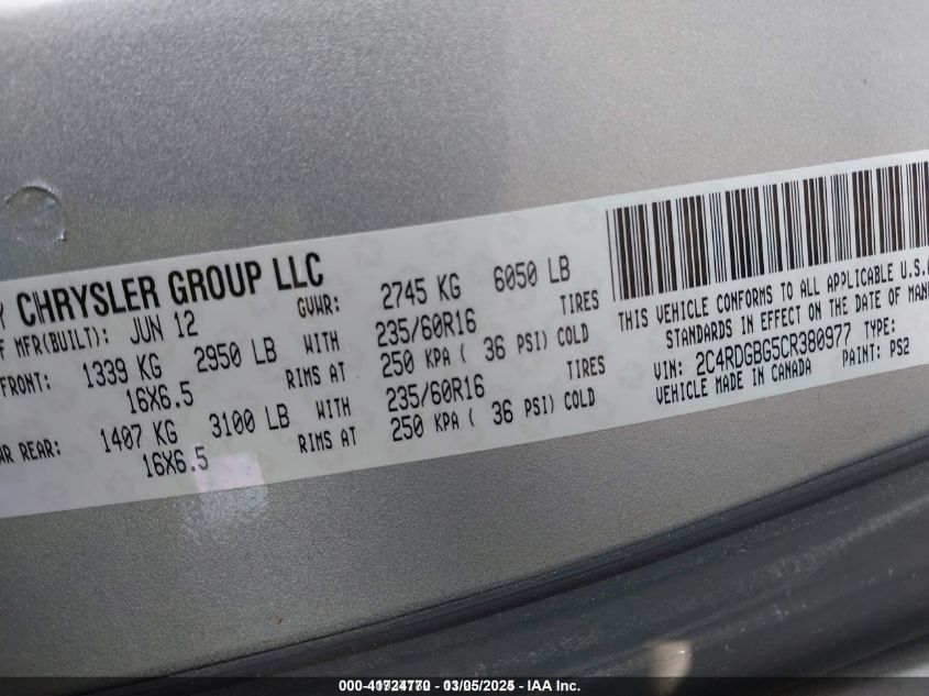 2012 Dodge Grand Caravan Se/Avp VIN: 2C4RDGBG5CR380977 Lot: 41724770