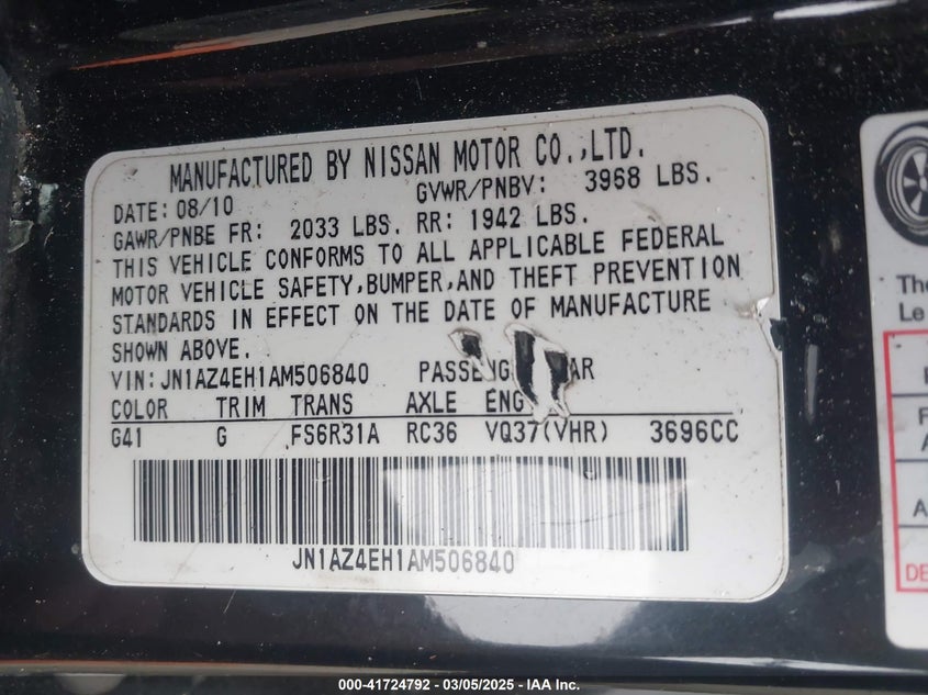 2010 NISSAN 370Z VIN: JN1AZ4EH1AM506840