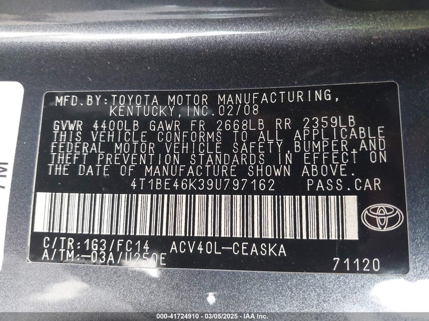 2009 TOYOTA CAMRY VIN: 4T1BE46K39U797162