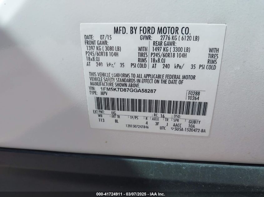 2016 Ford Explorer Xlt VIN: 1FM5K7D87GGA58287 Lot: 41724911