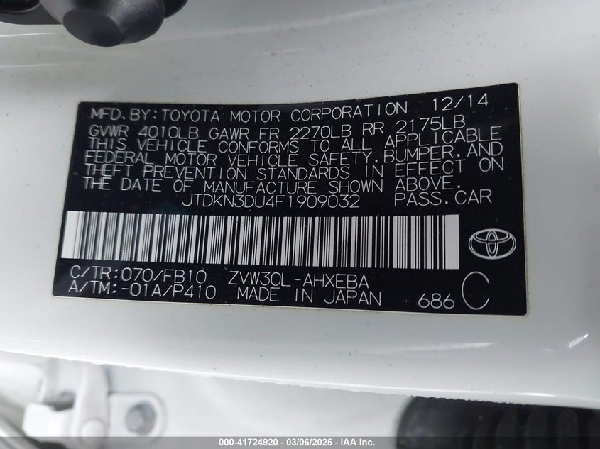 2015 TOYOTA PRIUS VIN: JTDKN3DU4F1909032