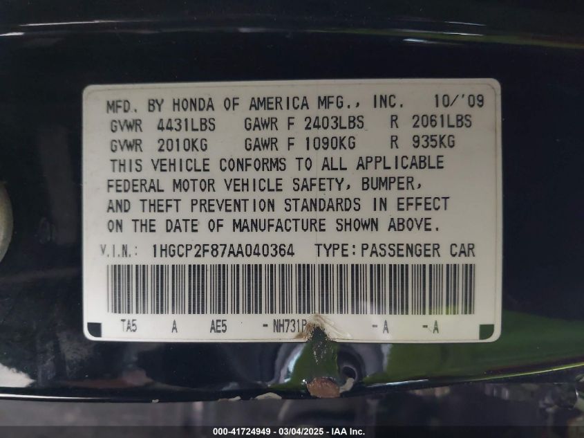 2010 Honda Accord 2.4 Ex-L VIN: 1HGCP2F87AA040364 Lot: 41724949