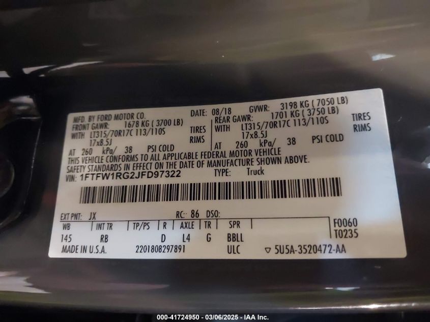 2018 Ford F-150 Raptor VIN: 1FTFW1RG2JFD97322 Lot: 41724950