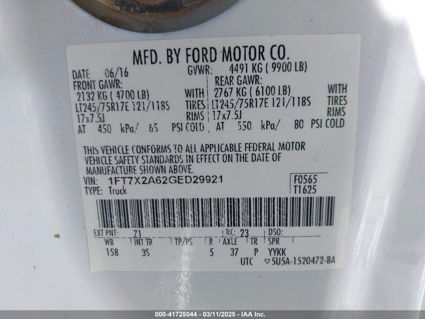 2016 FORD F-250 VIN: 1FT7X2A62GED29921