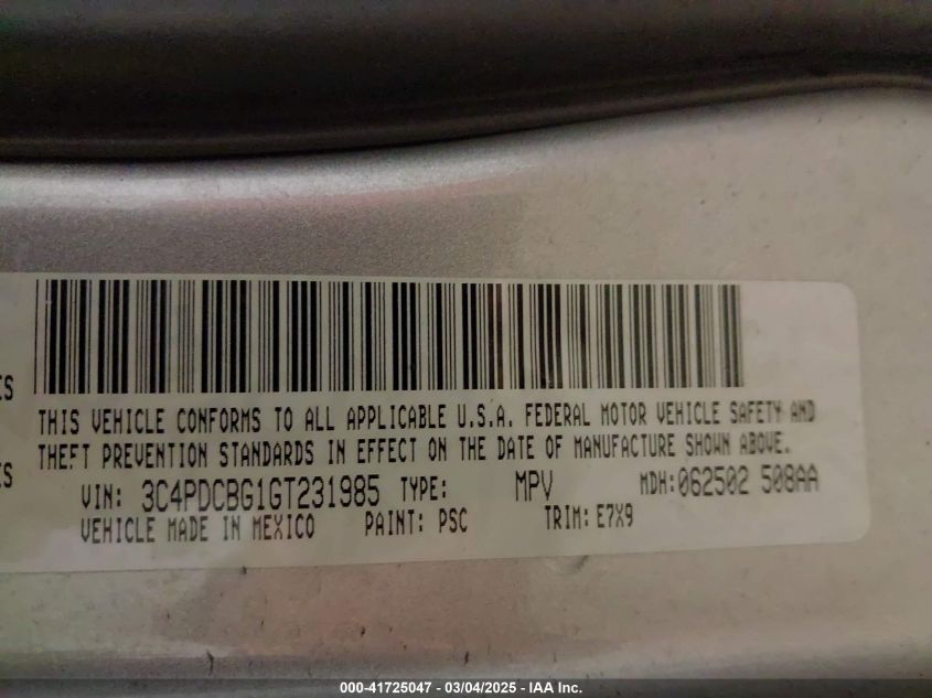 2016 Dodge Journey Sxt VIN: 3C4PDCBG1GT231985 Lot: 41725047