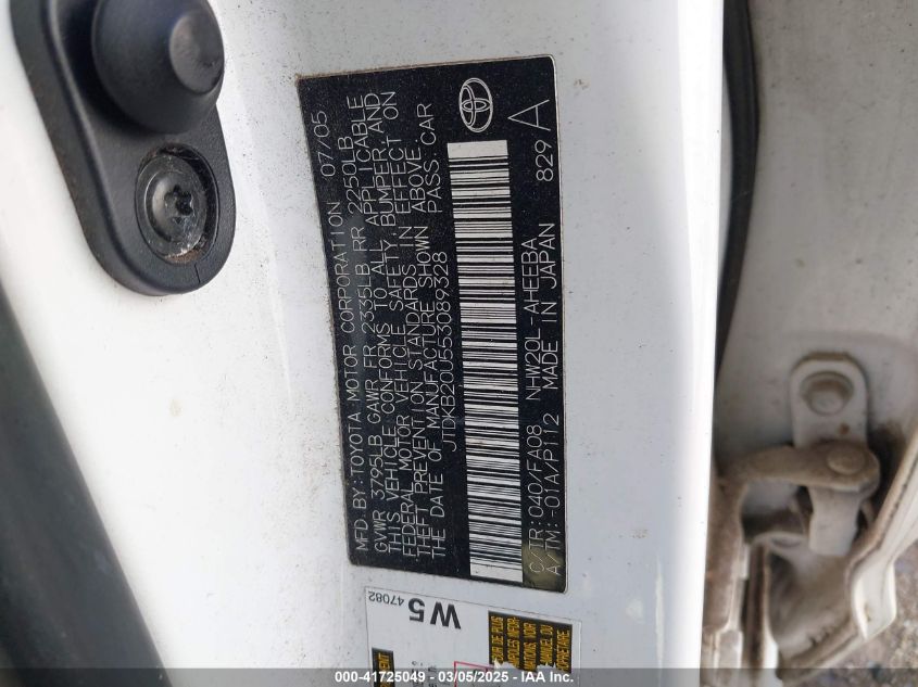 2005 Toyota Prius VIN: JTDKB20U553089328 Lot: 41725049