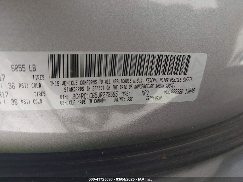 2018 Chrysler Pacifica Lx VIN: 2C4RC1CG5JR272595 Lot: 41725093