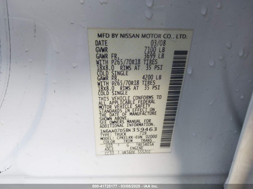 2008 Nissan Titan Xe VIN: 1N6AA07D58N359463 Lot: 41725177