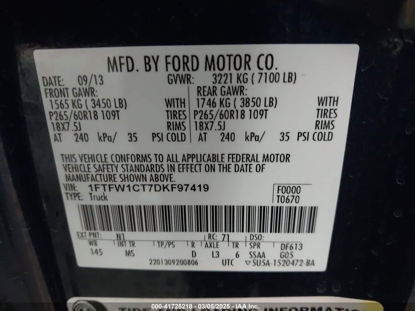 2013 FORD F-150 VIN: 1FTFW1CT7DKF97419