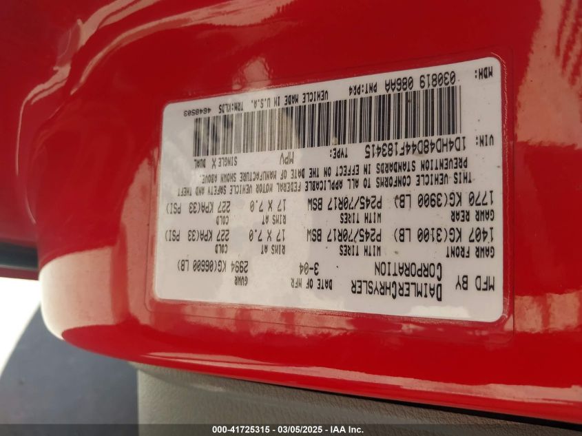 2004 Dodge Durango Slt VIN: 1D4HD48D44F183415 Lot: 41725315