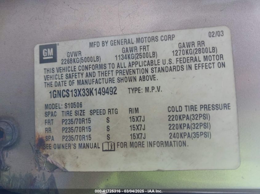 2003 Chevrolet Blazer Ls VIN: 1GNCS13X33K149492 Lot: 41725316