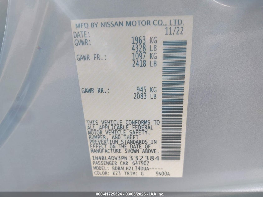 2023 NISSAN ALTIMA VIN: 1N4BL4DV3PN332384
