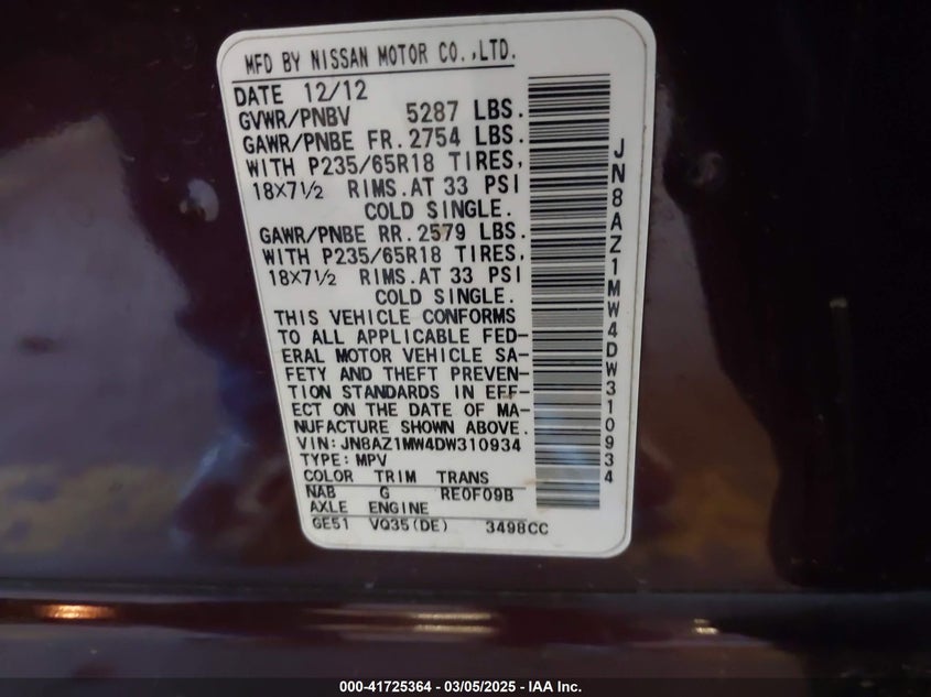 2013 Nissan Murano Sv VIN: JN8AZ1MW4DW310934 Lot: 41725364