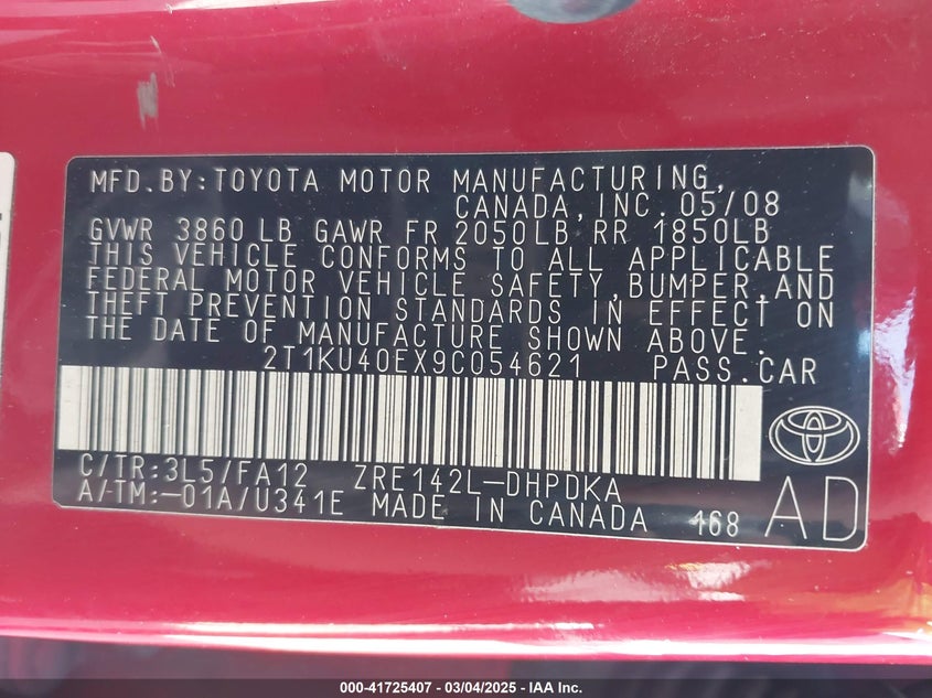 2009 TOYOTA MATRIX VIN: 2T1KU40EX9C054621