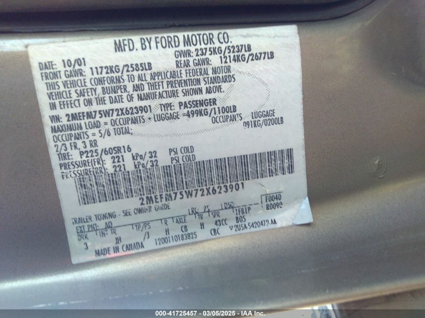 2002 Mercury Grand Marquis Ls VIN: 2MEFM75W72X623901 Lot: 41725457