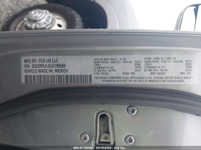 2020 Ram 3500 VIN: 3C63RRJL0LG195556 Lot: 43401481