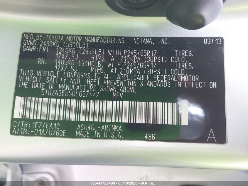 2013 Toyota Highlander Base Plus VIN: 5TDZA3EH5DS037472 Lot: 41725490