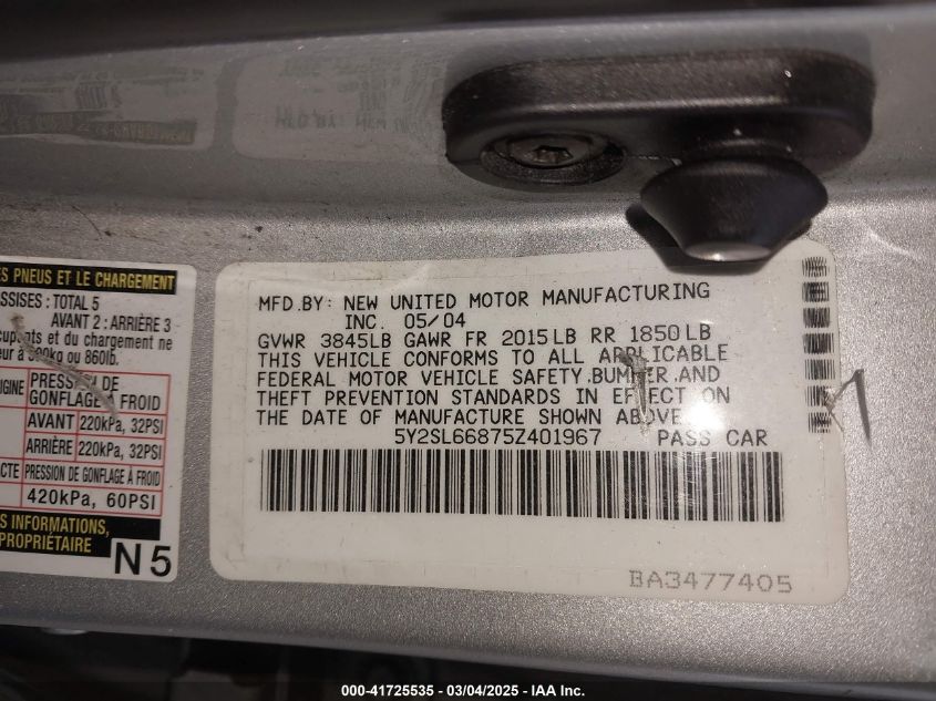 2005 Pontiac Vibe VIN: 5Y2SL66875Z401967 Lot: 41725535