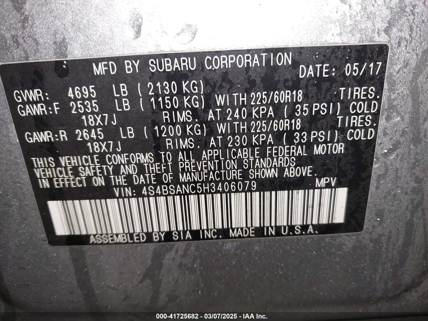 2017 SUBARU OUTBACK 2.5I LIMITED - 4S4BSANC5H3406079