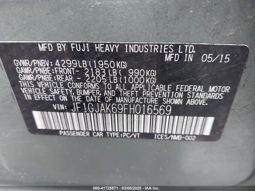 2015 SUBARU IMPREZA VIN: JF1GJAK69FH016569