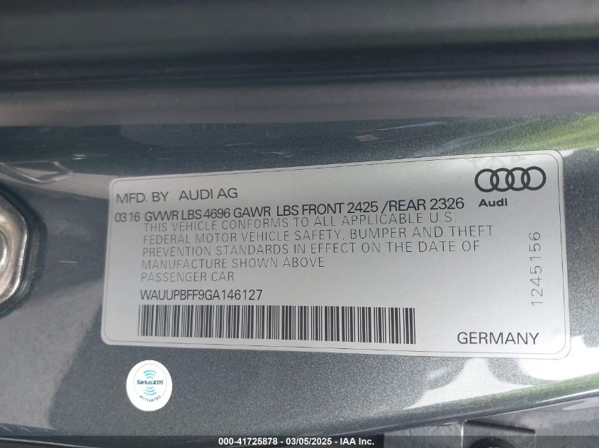 2016 Audi A3 E-Tron 1.4T Premium VIN: WAUUPBFF9GA146127 Lot: 41725878