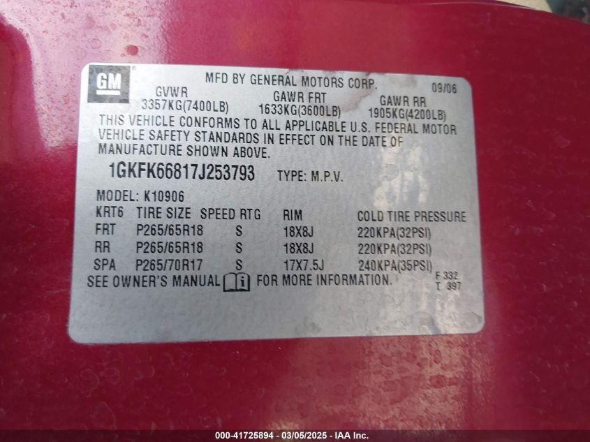 2007 GMC Yukon Xl 1500 Denali VIN: 1GKFK66817J253793 Lot: 41725894