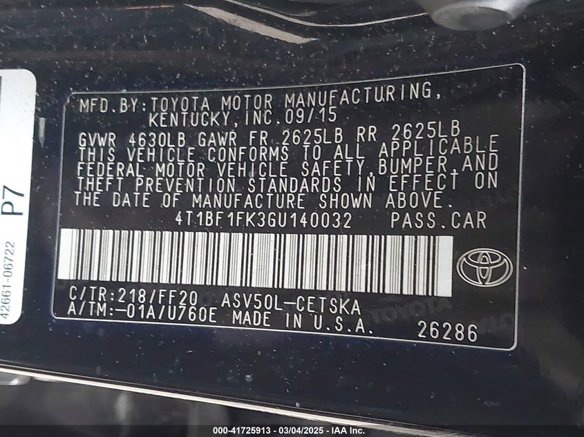 2016 TOYOTA CAMRY VIN: 4T1BF1FK3GU140032