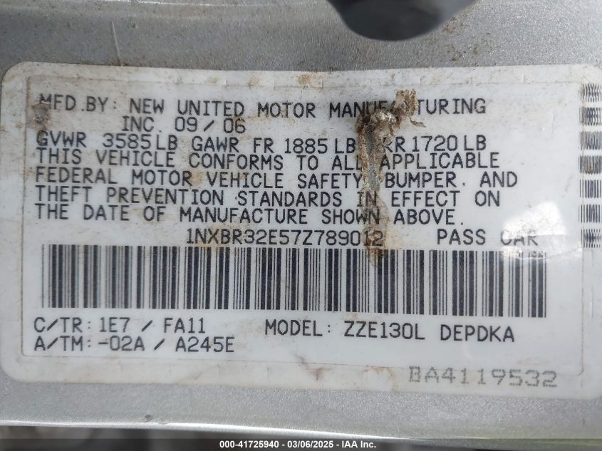 2007 Toyota Corolla Ce VIN: 1NXBR32E57Z789012 Lot: 41725940