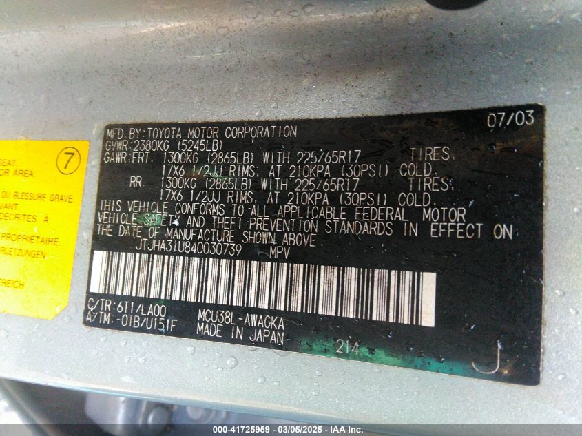 2004 Lexus Rx 330 VIN: JTJHA31U840030739 Lot: 41725959