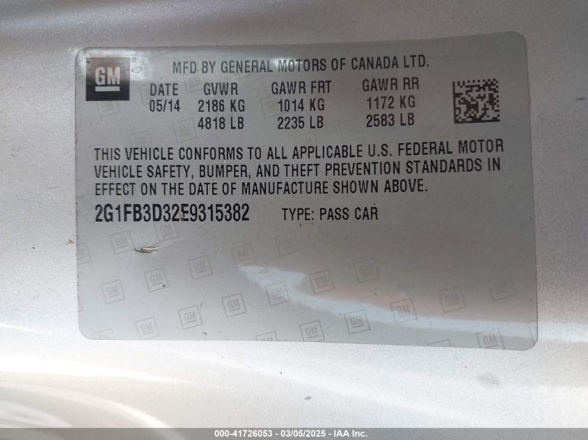 2014 Chevrolet Camaro 1Lt VIN: 2G1FB3D32E9315382 Lot: 41726053