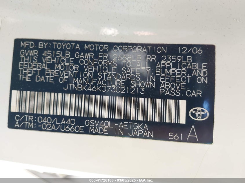 2007 TOYOTA CAMRY VIN: JTNBK46K073021213